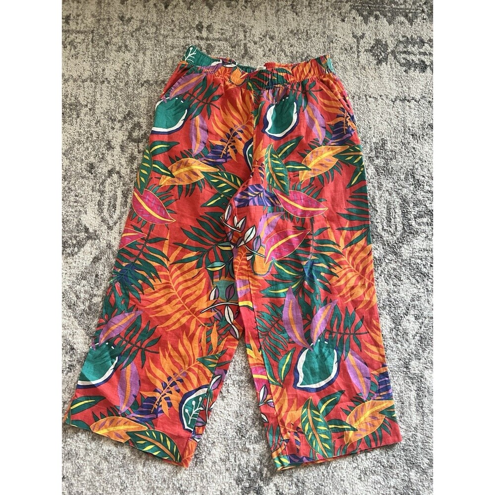 C&C California Sz L Linen Tropical Leaf Wide Leg Pants Resort Cruise Vacation